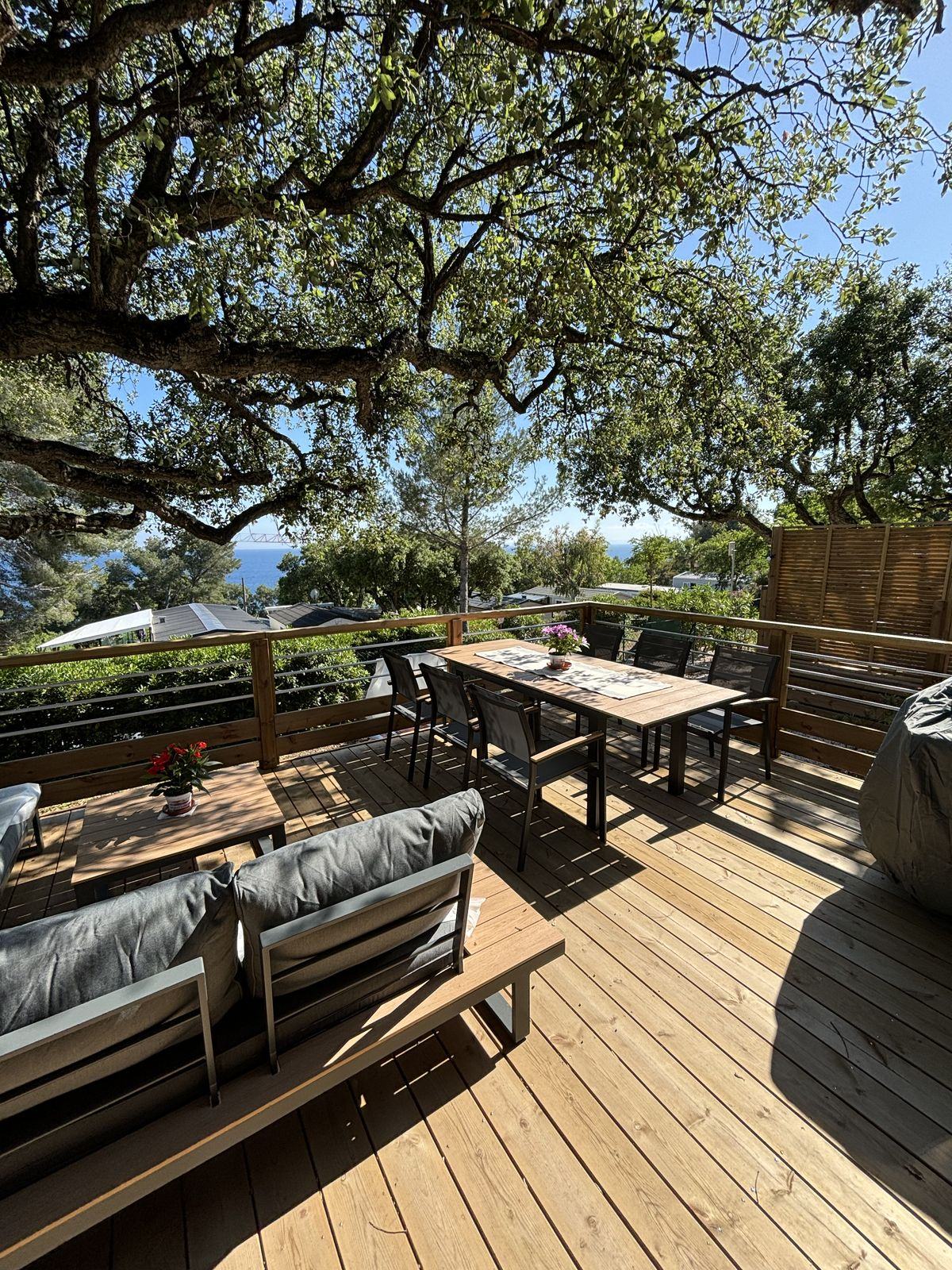 Oak-shaded terrace with lounge, dining table and sea beyond